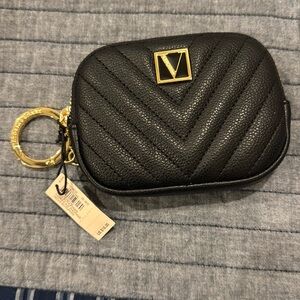 NWT Victorias Secret keychain wallet in black w/gold details and zipper closure
